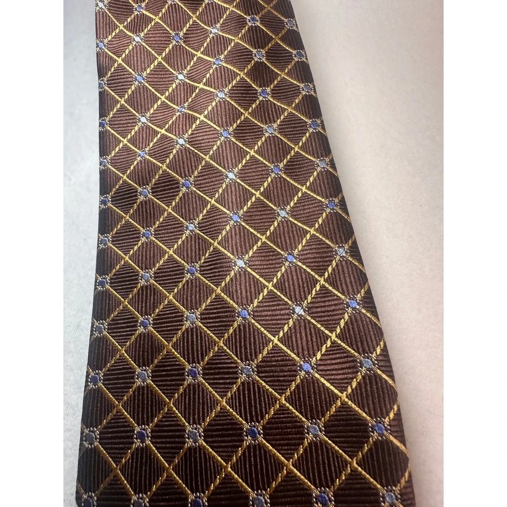 Countess Mara Mens Brown Gold‎ Silk Geometric Lattice Rope Print Necktie